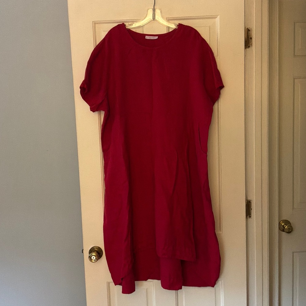 Bryn Walker Pink 100% Linen Oversized Pocket Midi Dress Lagenlook Boho XL USA